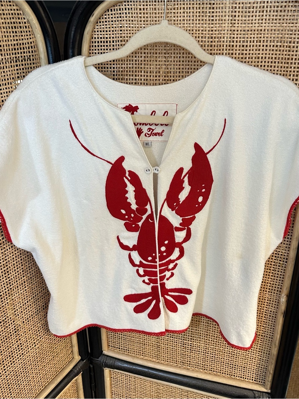 Tombolo , “ Better Half “White Crop Knit Top with Red Lobster Motif